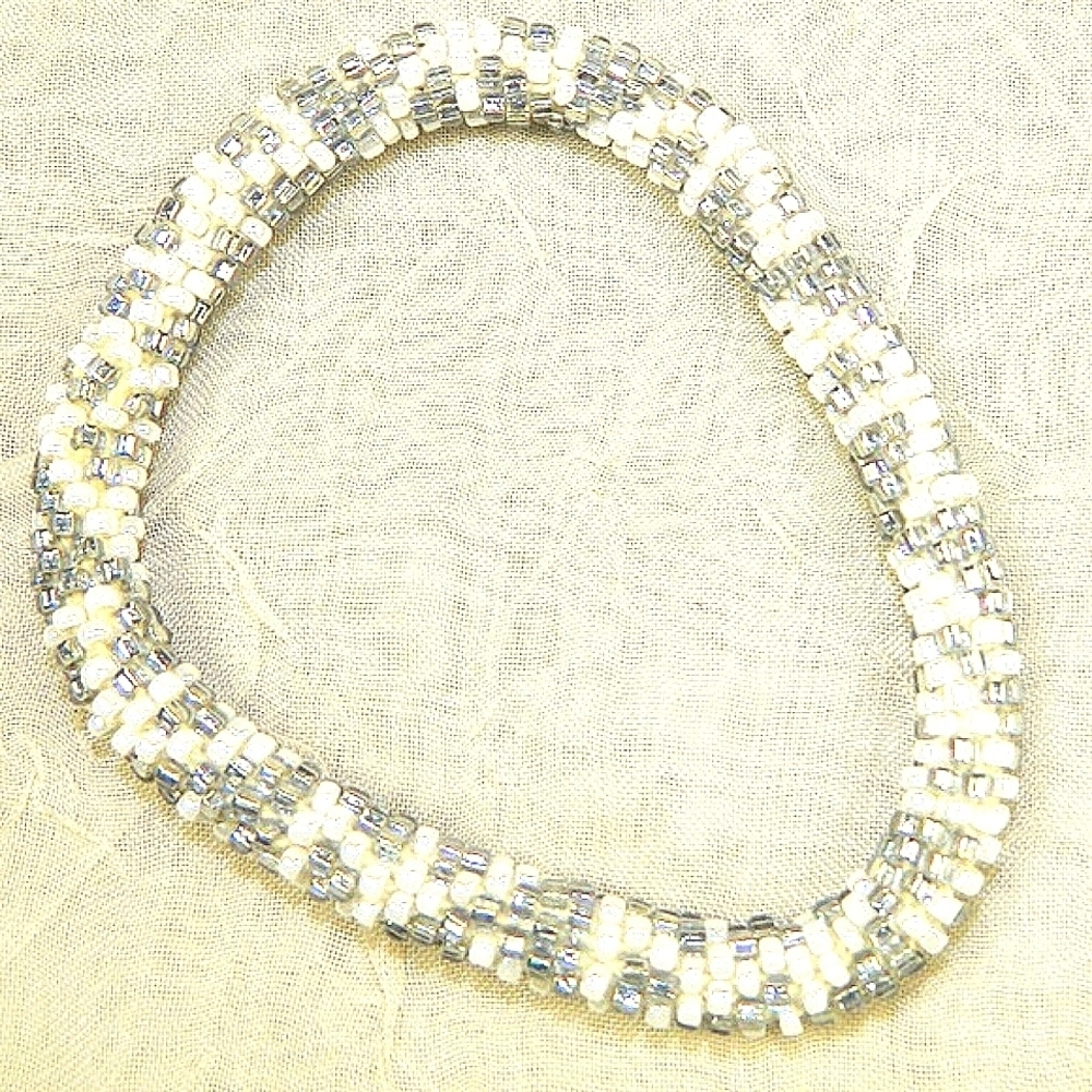 Vintage Loom-Woven Seed Bead Artisan Bracelet Silver & White Boho Cuff Roll On